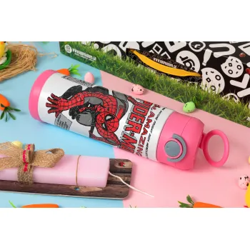 Spiderman the amazing, Easter candle, Childrens hot water bottle, stainless steel, with safety straw, PINK (500ml)