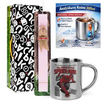 Spiderman the amazing, Easter Set, metallic thermal cup (300ml) & aromatic flat Easter candle (30cm) (PINK)