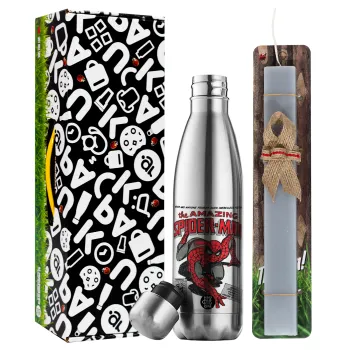 Spiderman the amazing, Easter Set, metallic stainless thermos flask (500ml) & scented flat Easter candle (30cm) (GRAY)