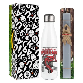 Spiderman the amazing, Easter candle, metallic white thermos bottle (500ml) & aromatic flat candle (30cm) (GRAY)