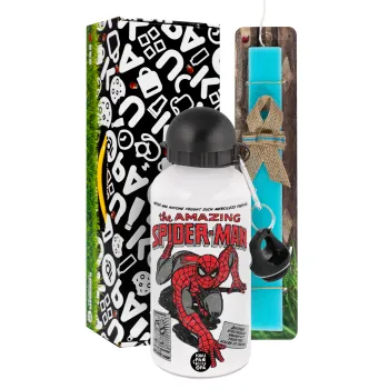 Spiderman the amazing, Easter Set, metallic aluminum water bottle (500ml) & scented flat candle (30cm) (TURQUOISE)