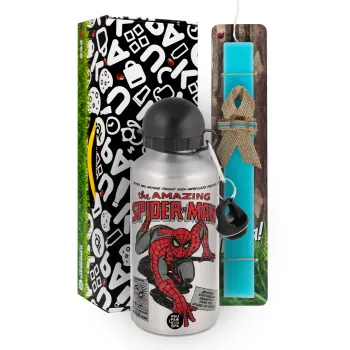 Spiderman the amazing, Easter Set, metallic silver aluminum water bottle (500ml) & scented flat Easter candle (30cm) (TURQUOISE)