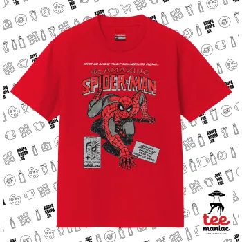 Spiderman the amazing, ΚΟΚΚΙΝΟ Κλασικό T-Shirt, διπλής ραφής, χωρίς πλευρικές ραφές από 100% βαμβάκι. Vegan & OEKO-TEX πιστοποιημένο.