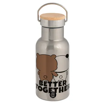 Bubu & Dudu Better together, Μεταλλικό παγούρι θερμός (Stainless steel) Ασημένιο με ξύλινο καπακι (bamboo), διπλού τοιχώματος, 350ml