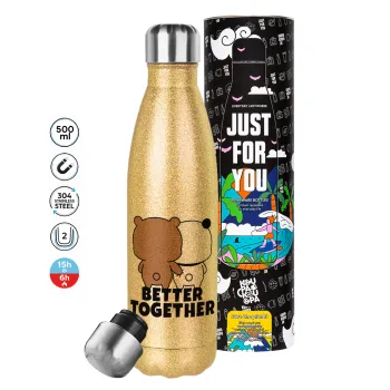 Bubu & Dudu Better together, Μεταλλικό παγούρι θερμός Glitter χρυσό (Stainless steel), διπλού τοιχώματος, 500ml