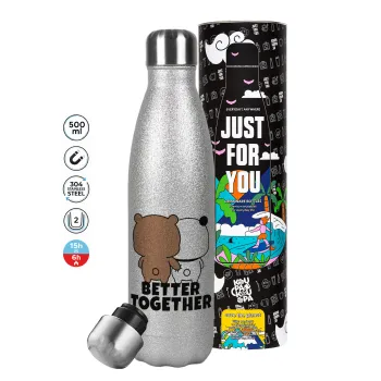 Bubu & Dudu Better together, Μεταλλικό παγούρι θερμός Glitter Aσημένιο (Stainless steel), διπλού τοιχώματος, 500ml