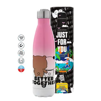 Bubu & Dudu Better together, Μεταλλικό παγούρι θερμός Ροζ/Λευκό (Stainless steel), διπλού τοιχώματος, 500ml