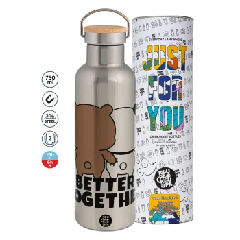 Bubu & Dudu Better together, Μεταλλικό παγούρι θερμός (Stainless steel) Ασημένιο με ξύλινο καπακι (bamboo), διπλού τοιχώματος, 750ml