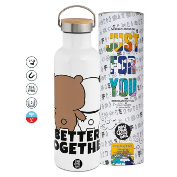 Bubu & Dudu Better together, Μεταλλικό παγούρι θερμός (Stainless steel) Λευκό με ξύλινο καπάκι (bamboo), διπλού τοιχώματος, 750ml