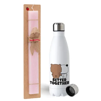Bubu & Dudu Better together, Πασχαλινή Λαμπάδα με μεταλλικό παγούρι ανοξείδωτο (750ml) & κερί αρωματικό πλακέ (30cm) (ΡΟΖ)