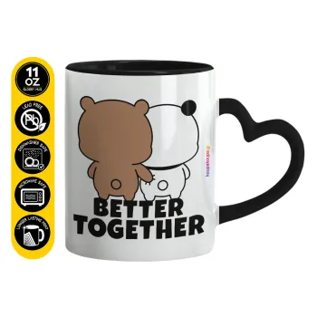Bubu & Dudu Better together, Κούπα καρδιά χερούλι μαύρη, κεραμική, 330ml