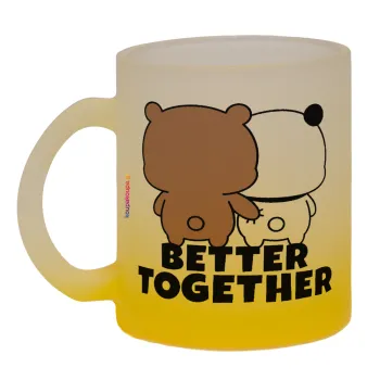 Bubu & Dudu Better together, Κούπα γυάλινη δίχρωμη με βάση το κίτρινο ματ, 330ml