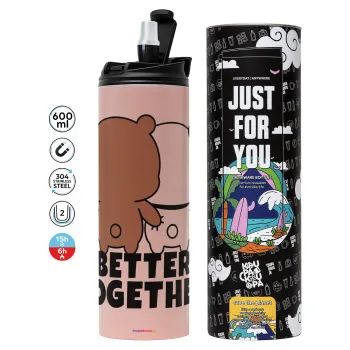 Bubu & Dudu Better together, Tumbler ποτήρι θερμό ΡΟΖ από ανοξείδωτο ατσάλι 600ml