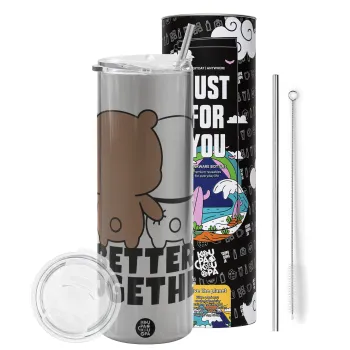 Bubu & Dudu Better together, Tumbler ποτήρι θερμό Ασημένιο από ανοξείδωτο ατσάλι 600ml, με μεταλλικό καλαμάκι & βούρτσα καθαρισμού
