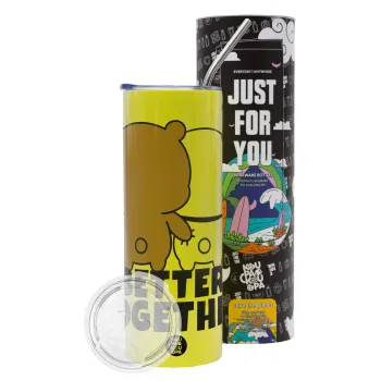 Bubu & Dudu Better together, Neon Yellow Travel Tumbler θερμό, μεταλλικό καλαμάκι(Ανωξείδωτο 304 Food grade, BPA free, 600ml)