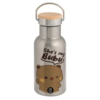 She's my Bubu, Μεταλλικό παγούρι θερμός (Stainless steel) Ασημένιο με ξύλινο καπακι (bamboo), διπλού τοιχώματος, 350ml