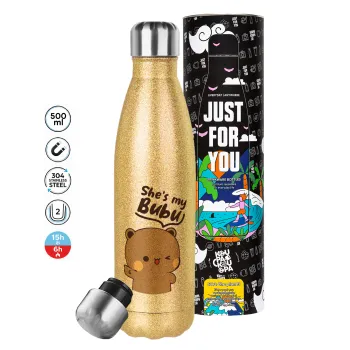 She's my Bubu, Μεταλλικό παγούρι θερμός Glitter χρυσό (Stainless steel), διπλού τοιχώματος, 500ml