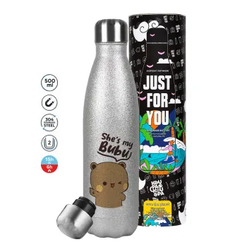 She's my Bubu, Μεταλλικό παγούρι θερμός Glitter Aσημένιο (Stainless steel), διπλού τοιχώματος, 500ml