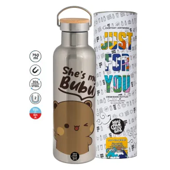 She's my Bubu, Μεταλλικό παγούρι θερμός (Stainless steel) Ασημένιο με ξύλινο καπακι (bamboo), διπλού τοιχώματος, 750ml
