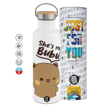 She's my Bubu, Μεταλλικό παγούρι θερμός (Stainless steel) Λευκό με ξύλινο καπάκι (bamboo), διπλού τοιχώματος, 750ml