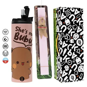 She's my Bubu, Πασχαλινή Λαμπάδα με  ΡΟΖ Travel Tumbler θερμό (600ml, BPA free) & κερί αρωματικό πλακέ (30cm) (ΡΟΖ)