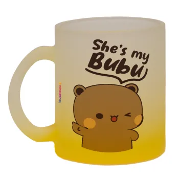 She's my Bubu, Κούπα γυάλινη δίχρωμη με βάση το κίτρινο ματ, 330ml