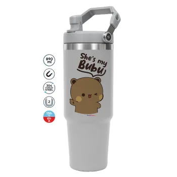 She's my Bubu, ΓΚΡΙ Travel Tumbler Θερμός με χερούλι και καλαμάκι 890ml