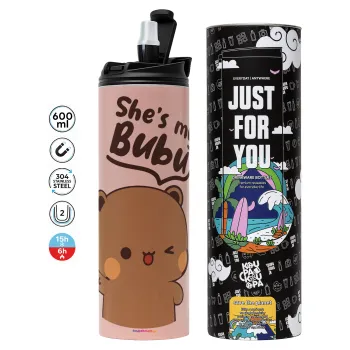 She's my Bubu, Tumbler ποτήρι θερμό ΡΟΖ από ανοξείδωτο ατσάλι 600ml