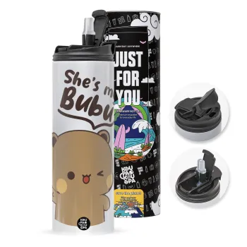 She's my Bubu, Travel Tumbler θερμό με διπλό καπάκι, μεταλλικό καλαμάκι και βούρτσα καθαρισμού (Ανωξείδωτο 304 Food grade, BPA free, 600ml)
