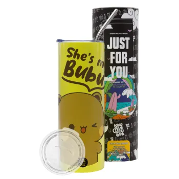 She's my Bubu, Neon Yellow Travel Tumbler θερμό, μεταλλικό καλαμάκι(Ανωξείδωτο 304 Food grade, BPA free, 600ml)