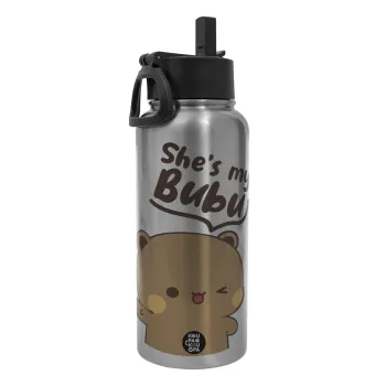 She's my Bubu, Μεταλλικό παγούρι θερμός Silver με καλαμάκι και χερούλι (Stainless steel), διπλού τοιχώματος, 950ml