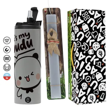 He's my Dudu, Πασχαλινή Λαμπάδα με Travel Tumbler θερμό (600ml, BPA free) & κερί αρωματικό πλακέ (30cm) (ΓΚΡΙ)