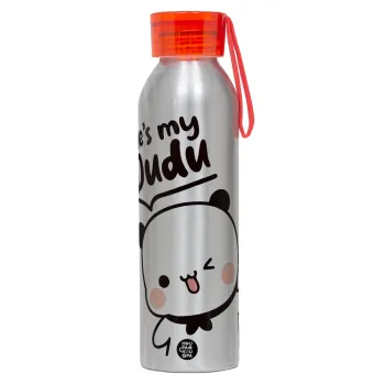 He's my Dudu, Αλουμινένιο Αθλητικό Μπουκάλι 650ml – Ασημί με Κόκκινο Καπάκι και Λουράκι Σιλικόνης
