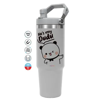 He's my Dudu, ΓΚΡΙ Travel Tumbler Θερμός με χερούλι και καλαμάκι 890ml