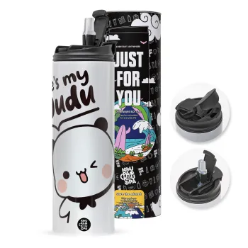 He's my Dudu, Travel Tumbler θερμό με διπλό καπάκι, μεταλλικό καλαμάκι και βούρτσα καθαρισμού (Ανωξείδωτο 304 Food grade, BPA free, 600ml)