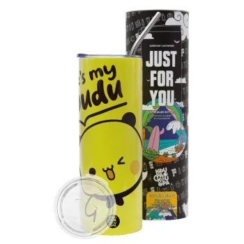 He's my Dudu, Neon Yellow Travel Tumbler θερμό, μεταλλικό καλαμάκι(Ανωξείδωτο 304 Food grade, BPA free, 600ml)