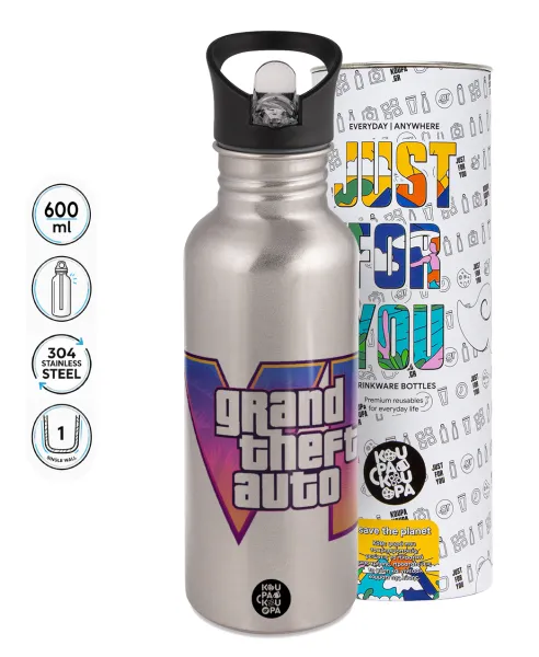 GTA VI — Water bottle Silver with straw, stainless steel 600ml