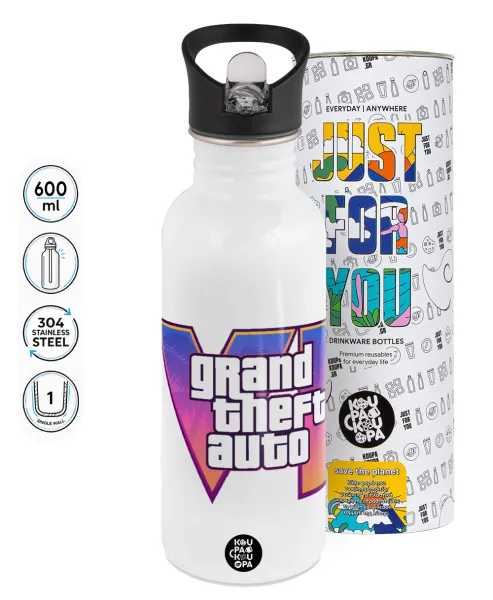 GTA VI — White water bottle with straw, stainless steel 600ml