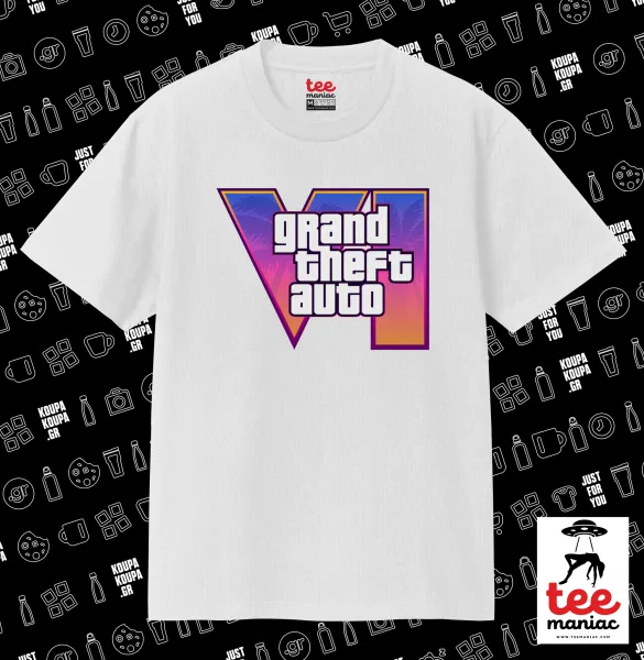 GTA VI — ΛΕΥΚΟ Κλασικό T-Shirt, διπλής ραφής, χωρίς πλευρικές ραφές από 100% βαμβάκι. Vegan & OEKO-TEX πιστοποιημένο.