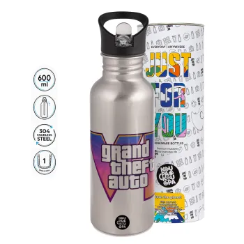 GTA VI, Παγούρι νερού Ασημένιο με καλαμάκι, ανοξείδωτο ατσάλι 600ml