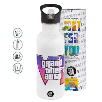 GTA VI, Παγούρι νερού Λευκό με καλαμάκι, ανοξείδωτο ατσάλι 600ml