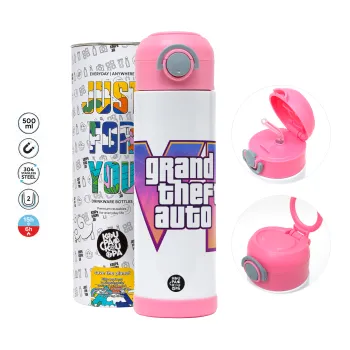 GTA VI, Παιδικό παγούρι θερμό, ανοξείδωτο, με καλαμάκι ασφαλείας, ΡΟΖ (500ml)