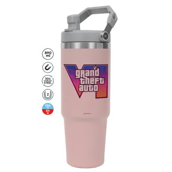 GTA VI, ΡΟΖ Travel Tumbler Θερμός με χερούλι και καλαμάκι 890ml