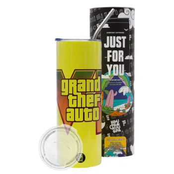 GTA VI, Neon Yellow Travel Tumbler θερμό, μεταλλικό καλαμάκι(Ανωξείδωτο 304 Food grade, BPA free, 600ml)
