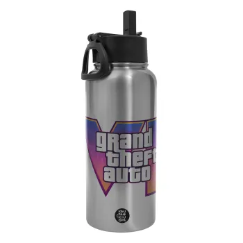 GTA VI, Μεταλλικό παγούρι θερμός Silver με καλαμάκι και χερούλι (Stainless steel), διπλού τοιχώματος, 950ml