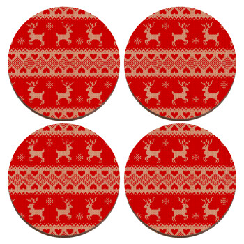 Χριστουγεννιάτικο πλεκτό ελάφια, ΣΕΤ x4 Σουβέρ ξύλινα στρογγυλά plywood (9cm)