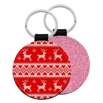 Deer knitted, Μπρελόκ Δερματίνη, στρογγυλό ΡΟΖ (5cm)