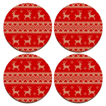 Χριστουγεννιάτικο πλεκτό ελάφια, ΣΕΤ x4 Σουβέρ ξύλινα στρογγυλά plywood (9cm)