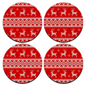 Deer knitted, SET of 4 round wooden coasters (9cm)
