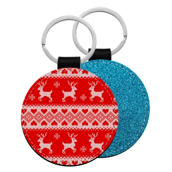 Deer knitted, Μπρελόκ Δερματίνη, στρογγυλό ΜΠΛΕ (5cm)